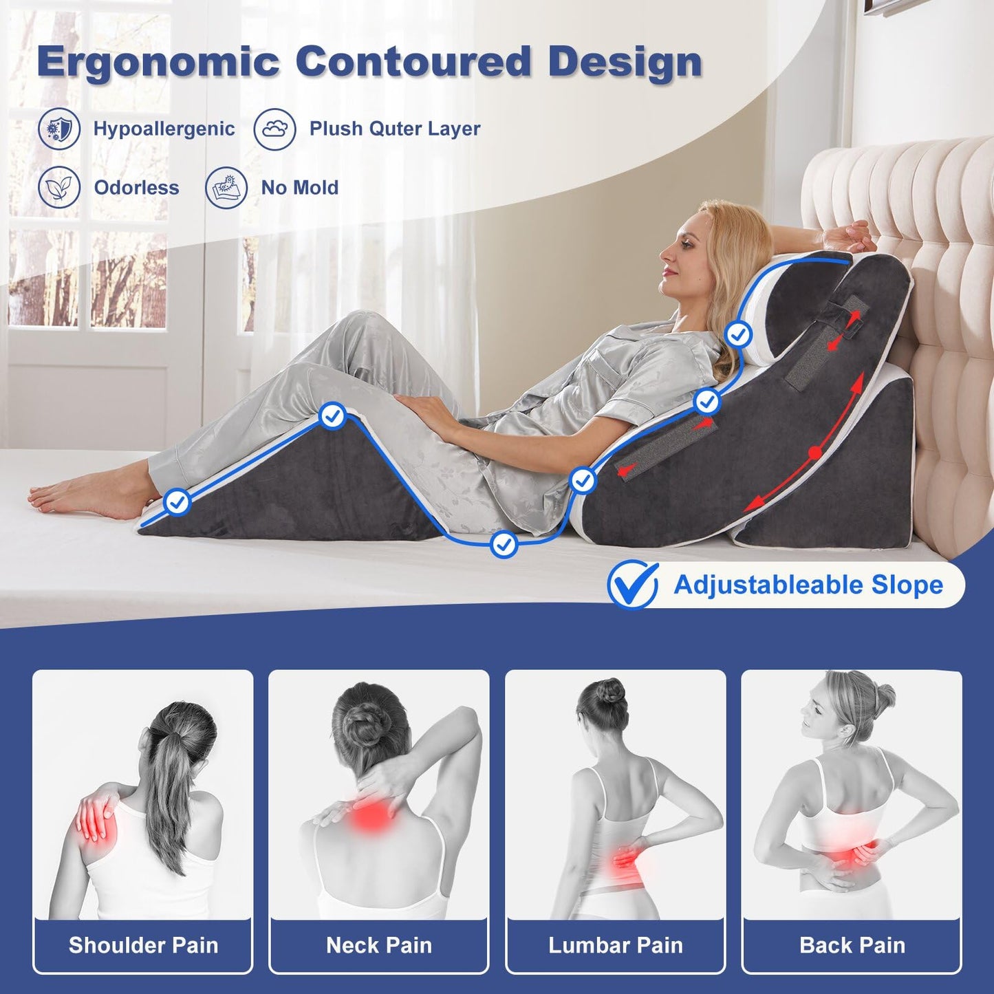 4PCS Orthopedic Bed Wedge Pillow Set for Sleeping, Post Surgery Foam Support Pillows for Back, Neck and Leg Pain Relief, Adjustable Triangle Pillow – Acid Reflux, GERD & Snoring Recovery, White Grey