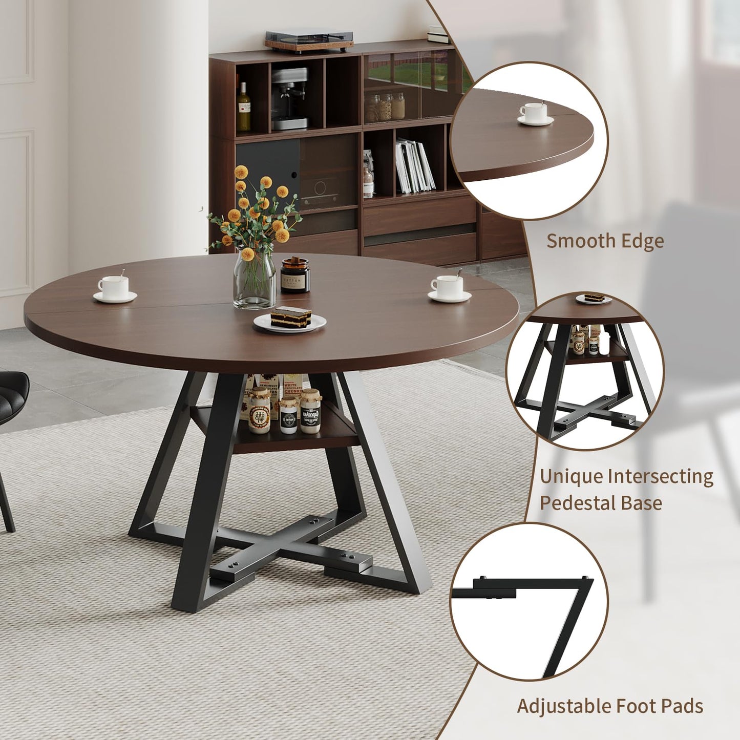 45.3" Walnut Round Dining Table Set with 4 Chairs – Mid-Century Modern Small-Space Kitchen & Dining Room Furniture for Apartment or Breakfast Nook (Walnut – Storage Table + 4 Black Chairs)