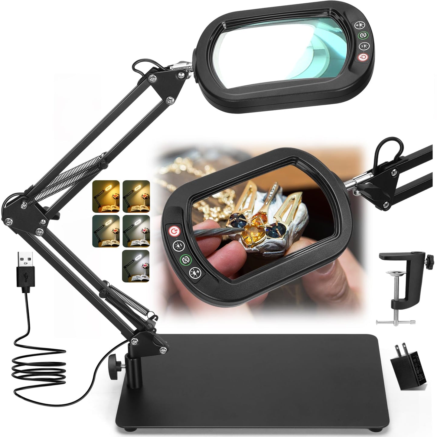 Veemagni 10X Rectangle Magnifying Glass with Light and Stand, 5 Color Modes Stepless Dimmable, 2-in-1 LED Lighted Desk Lamp & Clamp, Hands Free Magnifier for Reading Crafts Repair Painting Close Work