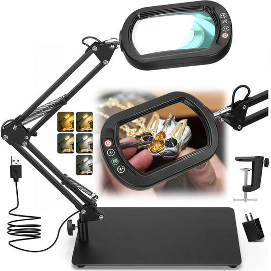 Veemagni 10X Rectangle Magnifying Glass with Light and Stand, 5 Color Modes Stepless Dimmable, 2-in-1 LED Lighted Desk Lamp & Clamp, Hands Free Magnifier for Reading Crafts Repair Painting Close Work