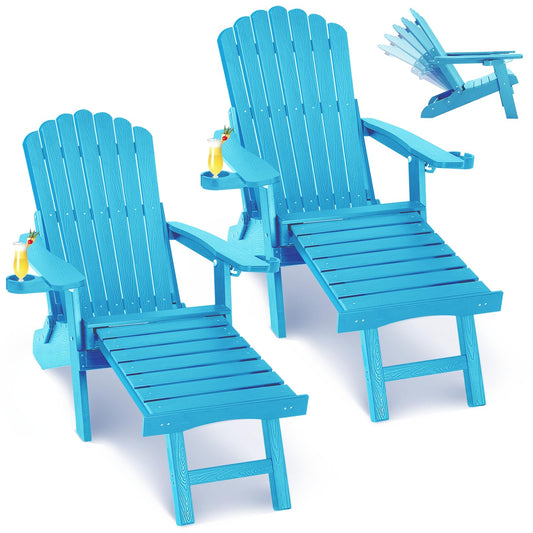 ZHUSI Folding Adirondack Chairs Set of 2 with Retractable Ottoman, Adjustable Adirondack Chair with 2 Cup Holders, Outdoor Chairs for Porch Patio Lawn Balcony Weather Resistant, Lake Blue