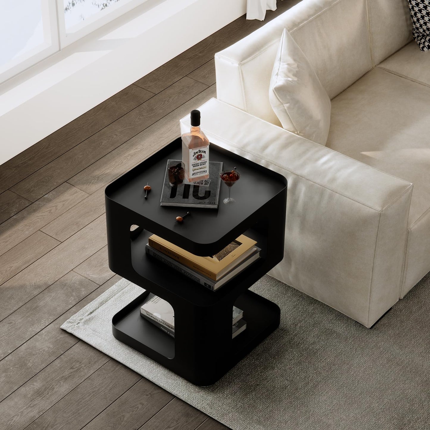 ZHBHYZ Side Table,Modern end Table,Unique nightstand,Bedside Table,Black Metal Night Stand with Storage,Accent Side Table for Couch,Bedroom,Living Room.No Assembly Required