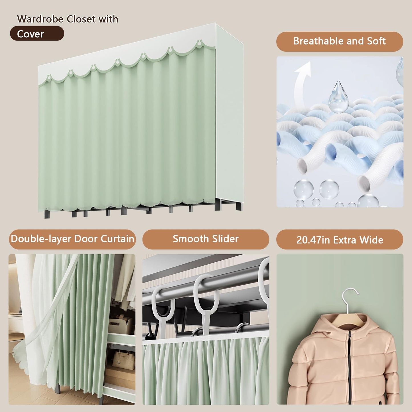 YDEHUEAD 84.5in/7.04ft Foldable Portable Wardrobe Closet with Cover, Heavy Duty Clothing Rack for Hanging Clothes has 59in Vertical Storage Space, Coffee Metal Garment Rack (c, L:84.46")