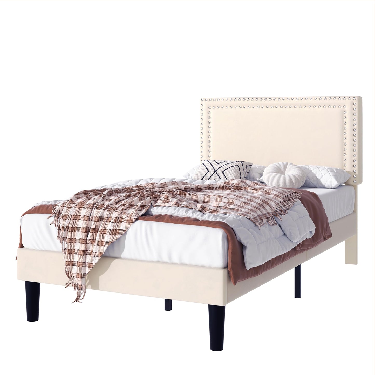 VECELO Twin Size Bed Frame with Adjustable Upholstered Headboard, Strong Wood Slats Platform Support, No Box Spring Needed, Easy Assembly