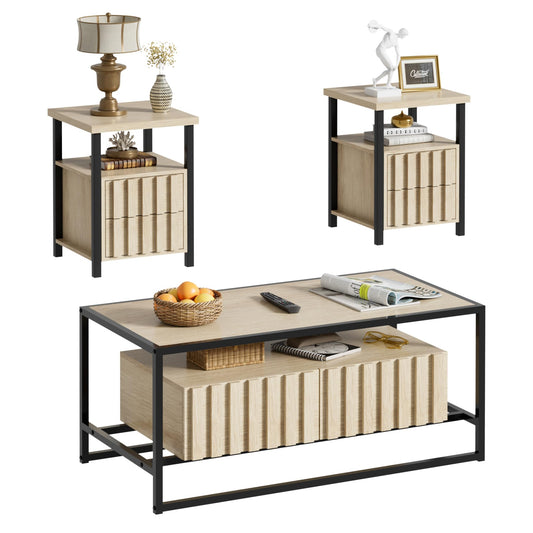 UEV Coffee Table Set of 3,Living Room Table Set,Mid Century Coffee Table,End Side Tables Set of 2 with 2 Drawer for Living Room & Bedroom,Ivory White