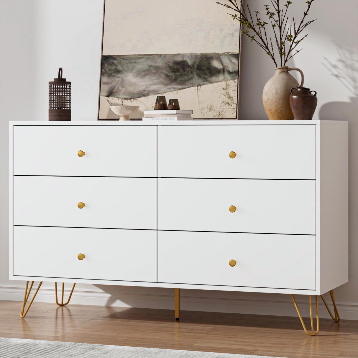 Tradare White Dresser for Bedroom, 6 Drawer Dresser with Golden Handles, Large Storage Cabinet, Modern Chest of Drawers Organizer Storage for Hallyway, Entryway