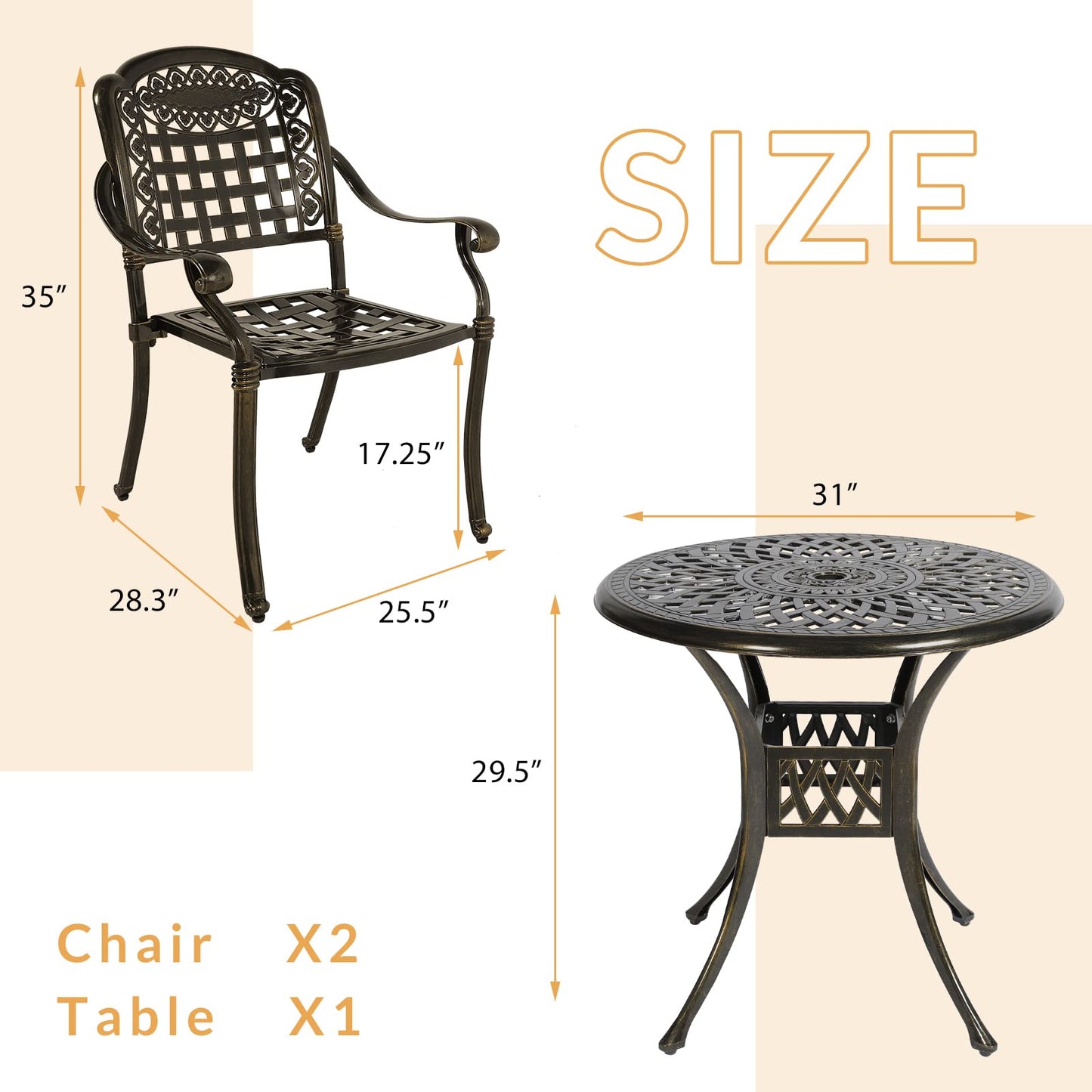 W WARMHOL 3-Piece Outdoor Patio Dining Set, All-Weather Cast Aluminum Patio Furniture Set for Backyard Garden Deck with 2 Chairs and 31” Round Table, 2" Umbrella Hole
