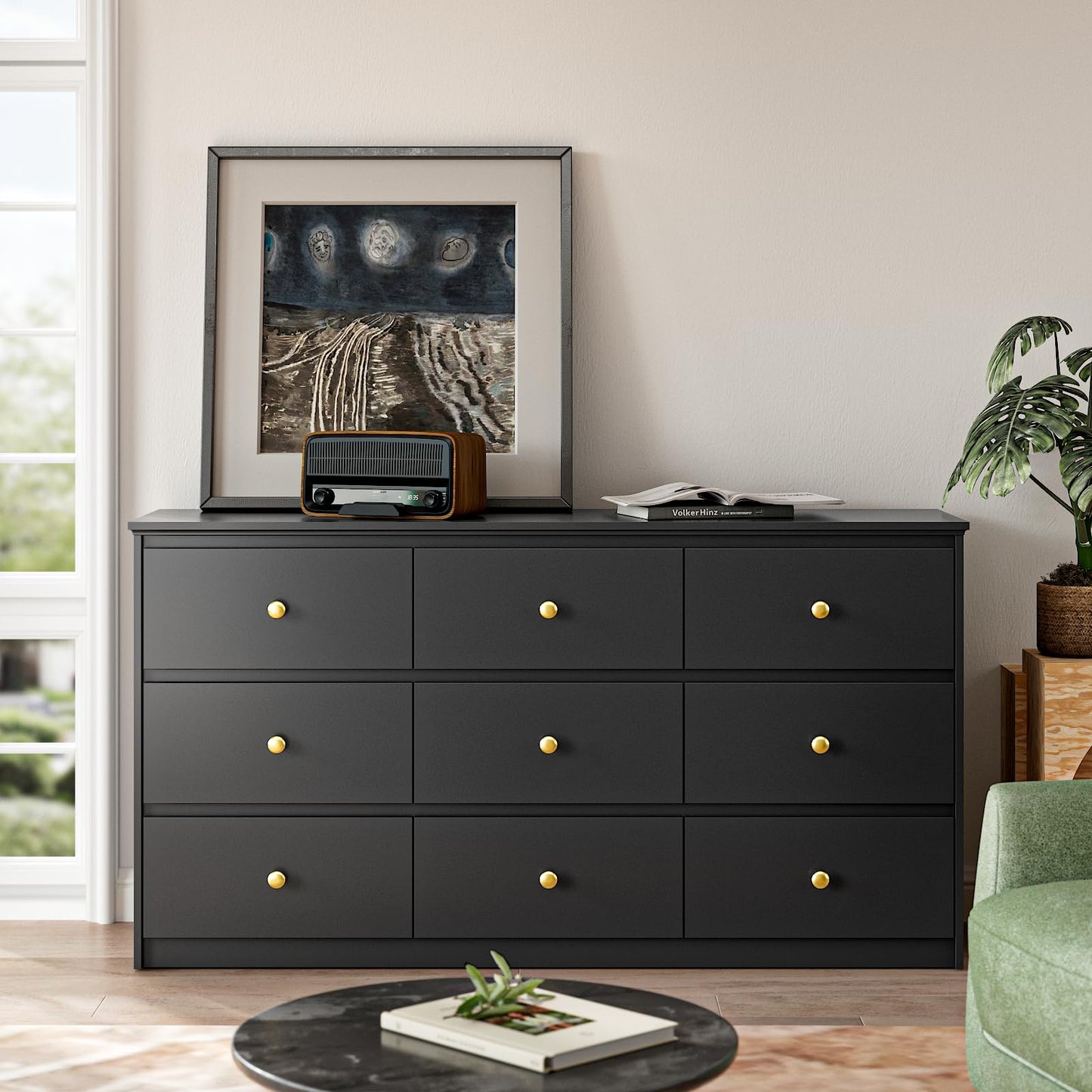 Tradare 9 Drawers Dresserfor Bedroom, 59" Wide Modern Chest of Drawers with Ample Storage, Dresser TV Stand, Wooden Storage Organizer for Living Room, Hallway, Black