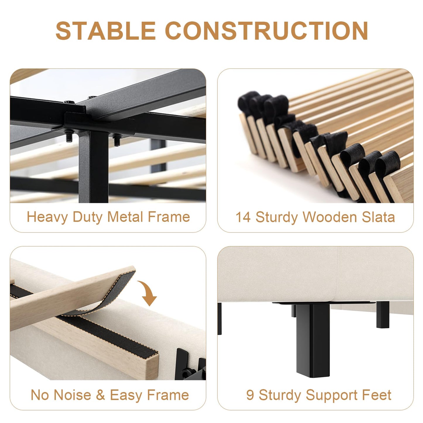 viplov Queen Size Platform Bed Frame, Chenille Upholstered Sleigh Bed with Scroll Wingback Headboard & Footboard, 52" Tall Headboard, Button Tufted, No Box Spring Required, Wood Slats Support, Beige