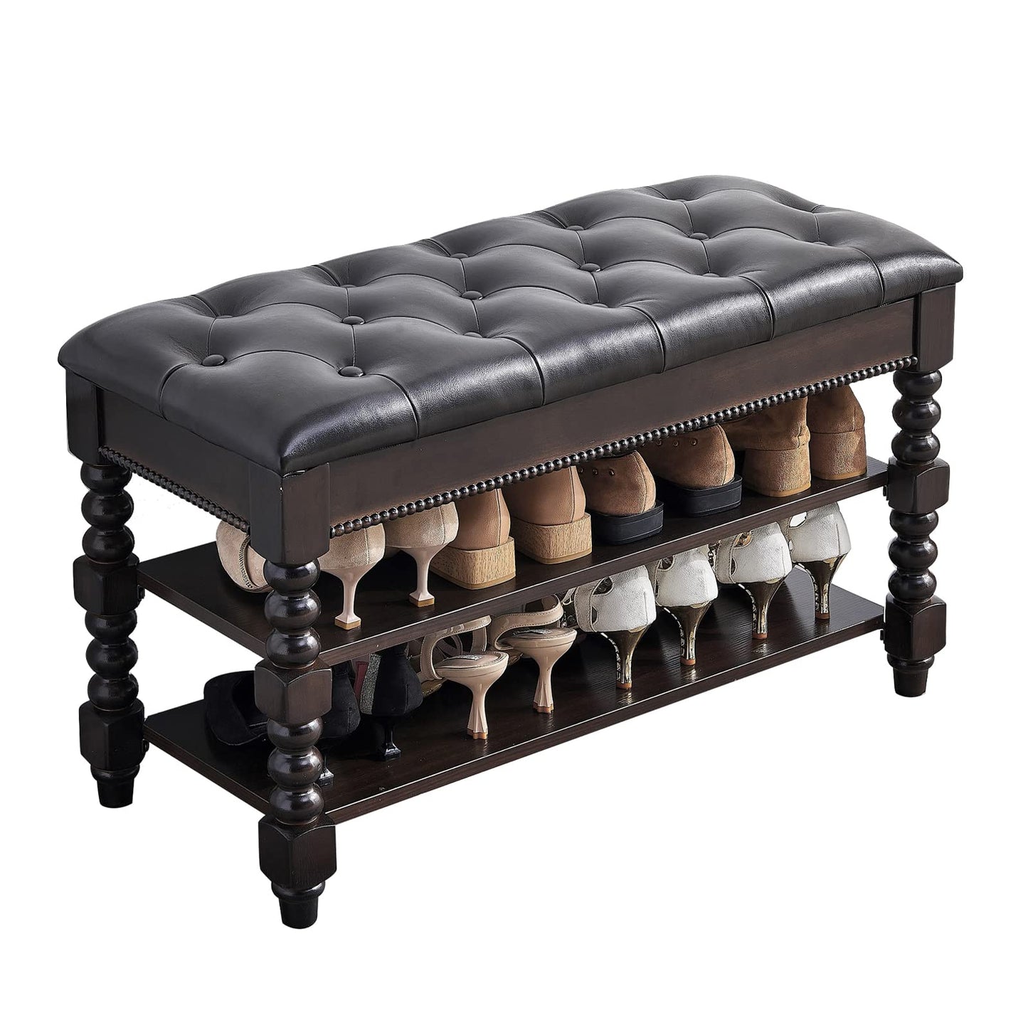 ZIRKOOON Shoe Storage Bench, Entryway Shoe Rack with Leather Seat 2-Tier Lift-top Organizer Wooden Bench for Foyer Bedroom Living Room Accent Furniture (31.5'')