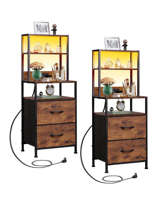 WLIVE Nightstand Set of 2 with Charging Station, LED Night Stand Sets with 2 Drawers and 4 Storage Open Shelves, Fabric Dressers for Bedroom, Rustic Brown