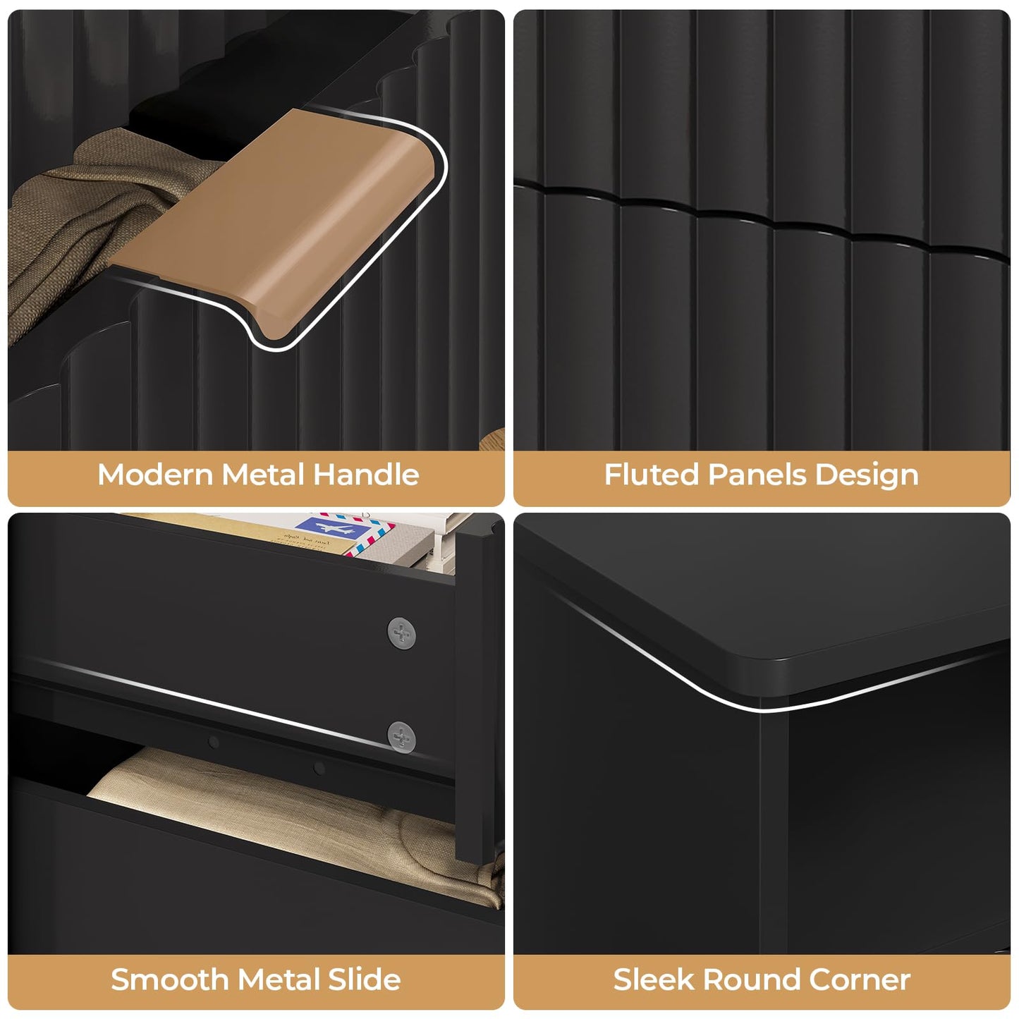 VIAGDO Fluted Nightstand with Charging Station and LED Lights, Modern Night Stand with 2 Drawers and Open Storage Cabinet, Bed Side Table with Gold Metal Handle for Bedroom, Black