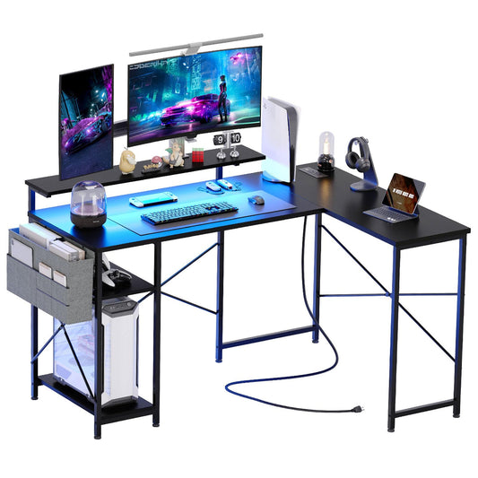 Takywep 54 inch Gaming Desk, Reversible L Shaped Desk, Corner Computer Desk with Monitor Stand, Power Outlets, LED Lights and Storage Shelves for Home Office, Bedroom, Writing Workstation (Black)