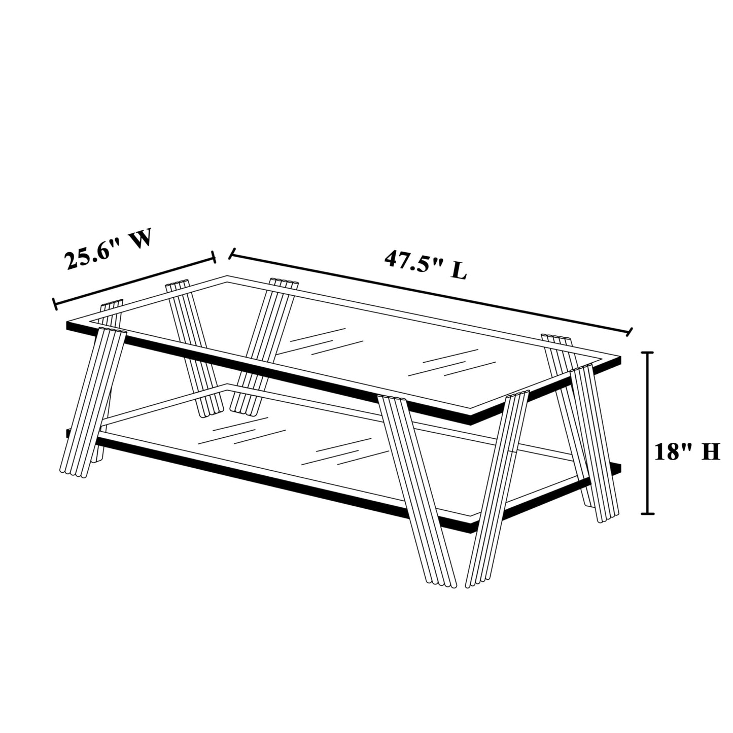47" Modern Coffee Table, Double-Layer Black Tempered Glass Table Top with Stainless Steel Frame, Center Table with Storage, for Living Room Home Office, Silver