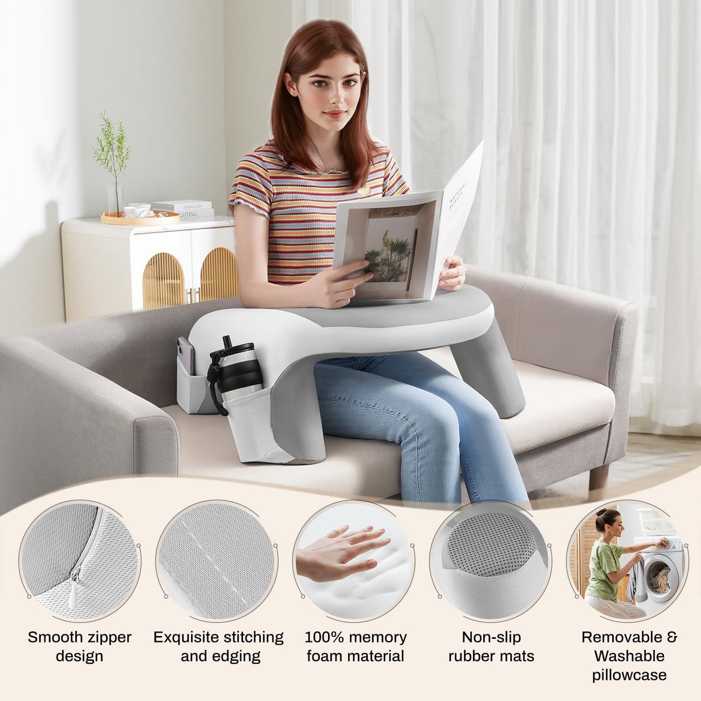 WOGAHEV Laptop Lap Desk, Reading Pillow for Bed, Memory Foam Arm Rest Support Gaming Pillow with Cup/Phone Pocket, Laptop Lap Desk for Working, Gaming, Reading on Couch Bed Floor- White