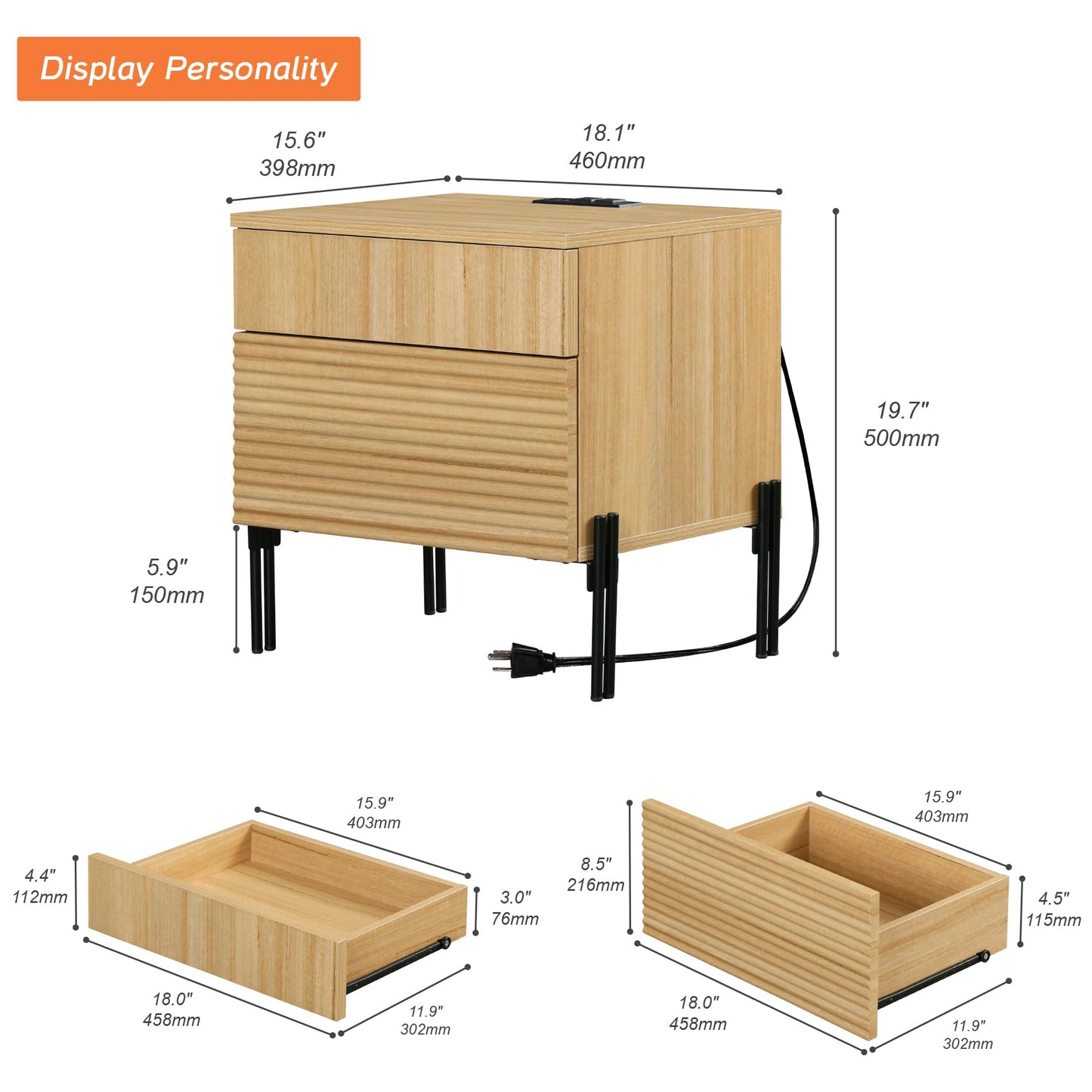 WAMPAT Fluted Nightstand with Charging Station,19.1" W Mid Century Modern Night Stands, Wood Side End Table with 2 Drawers, Wood Bedside Table with Metal Legs for Bedroom,Living Room, Oak (1)