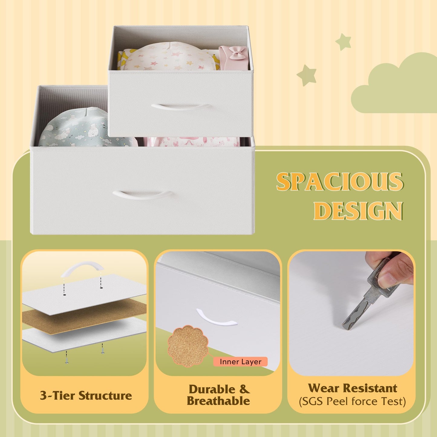 WLIVE White Dresser for Bedroom, 5 Drawer Dressers with Charging Station, Fabric Chest of Drawers with Open Shelves, Storage Dresser for Living Room, Closet, Entryway