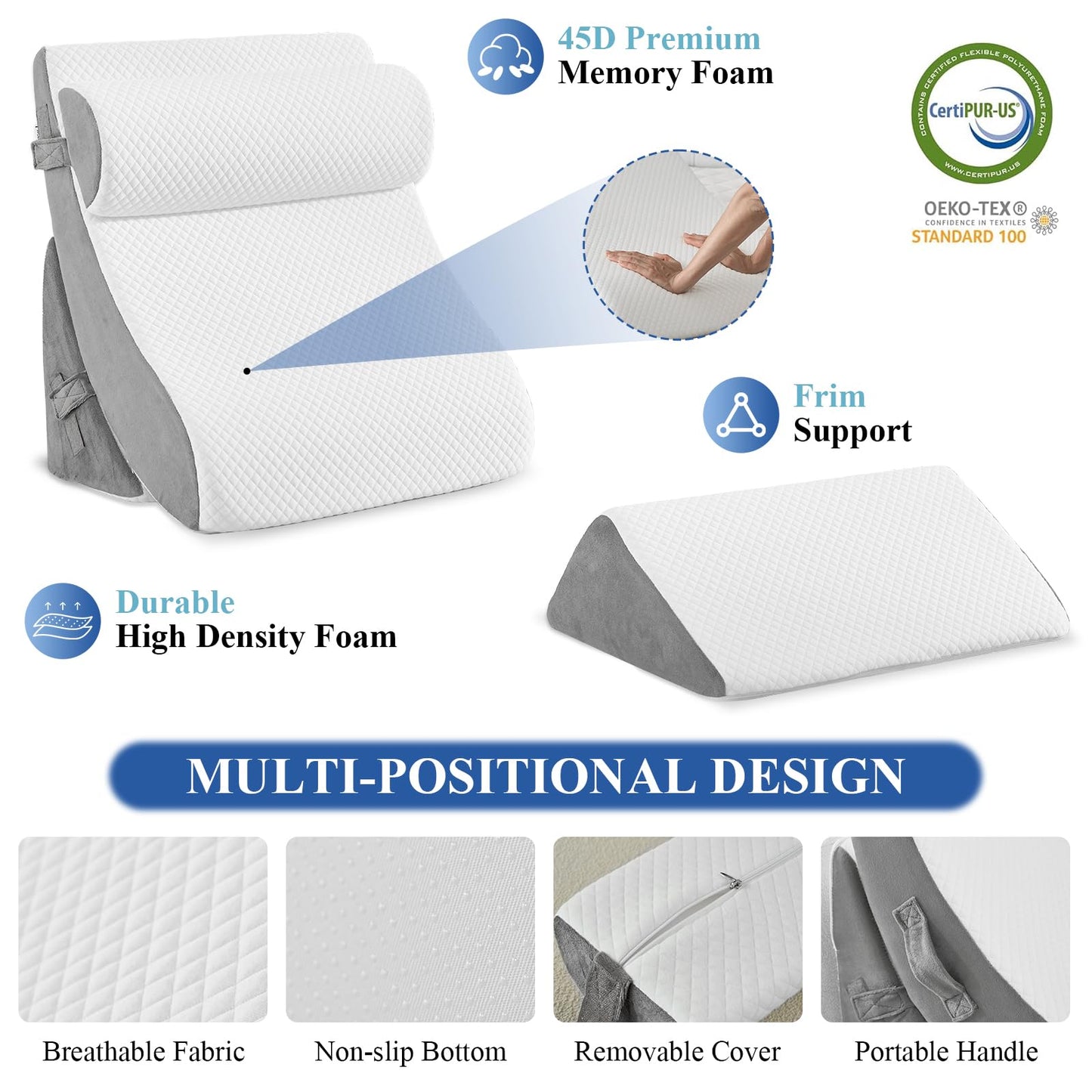 4PCS Orthopedic Bed Wedge Pillow Set, Post Surgery 45D Memory Foam for Back, Neck, and Leg Pain Relief Pleasing & Adjustable Support Pillows-Ease Acid Reflux & GRED with Better Sleep,White Light Grey