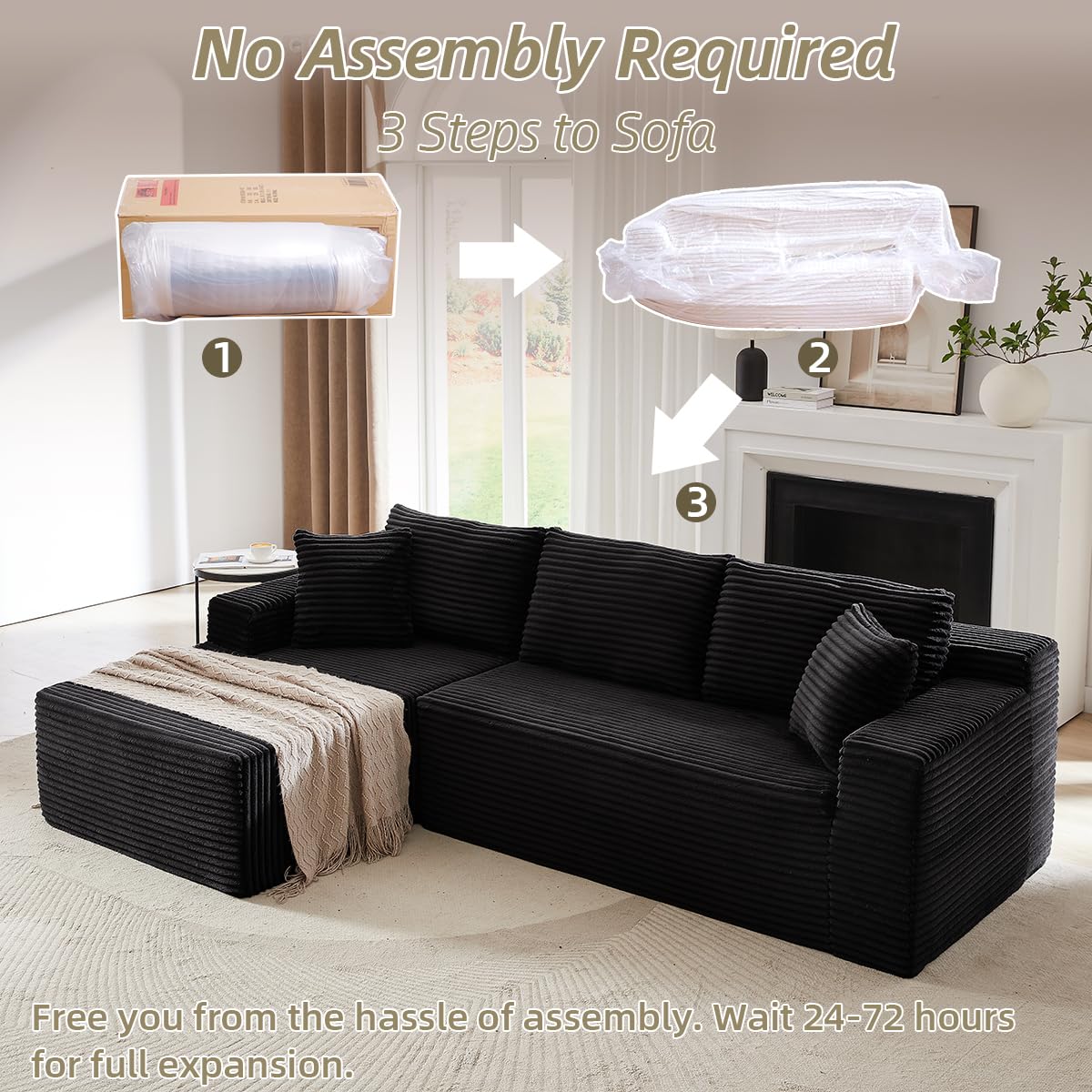 104 Inch Cloud Sectional Couch with L-Shape Chaise,Modern Upholstered Couches with Deep Seat,Corduroy Sponge Compressed Sofa for Living Room,No Assembly Required (Black)