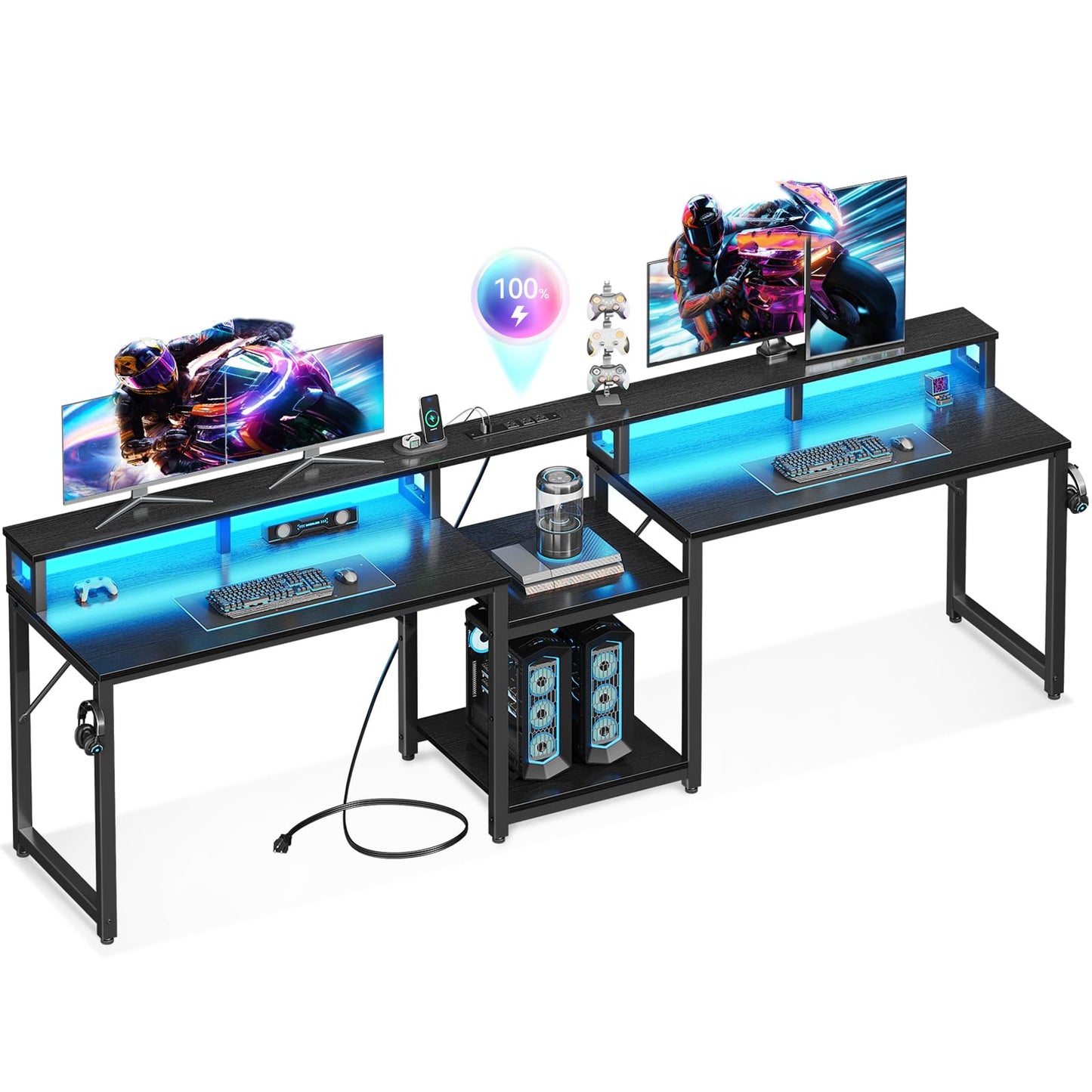 Casaottima 98 Inch 2 Person Gaming Desk with Storage Shelves, Long Double Home Office Computer Writing Desks with USB Charging Port & LED Lights, Monitor Stand, Modern Study/Work Table,Black