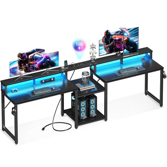 Casaottima 98 Inch 2 Person Gaming Desk with Storage Shelves, Long Double Home Office Computer Writing Desks with USB Charging Port & LED Lights, Monitor Stand, Modern Study/Work Table,Black