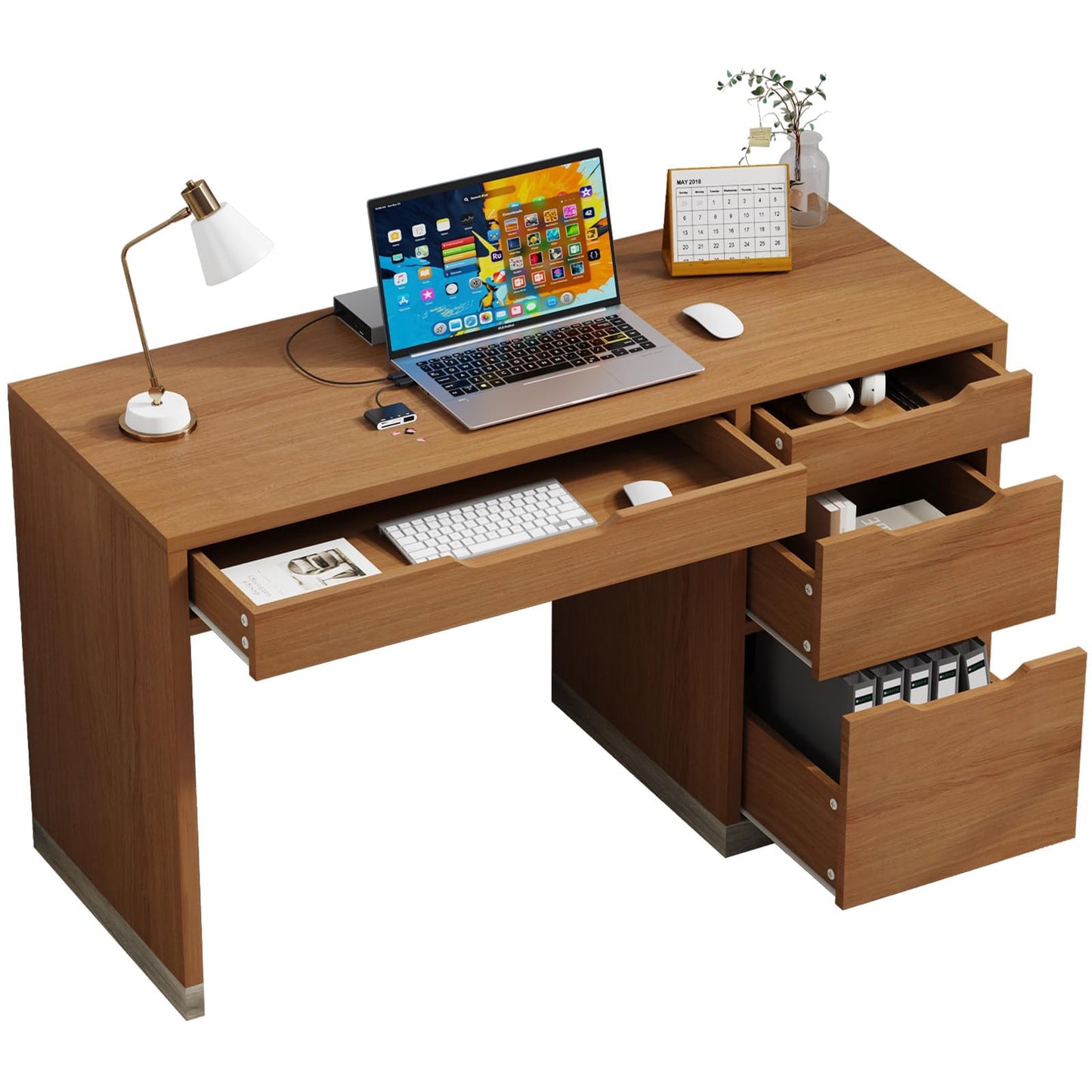 MaverickFurni 52 Inch Desk with 4 Drawers, Small Computer Desk for Small Space, Home Office Desk with Storage File Cabinet for Bedroom, Brown
