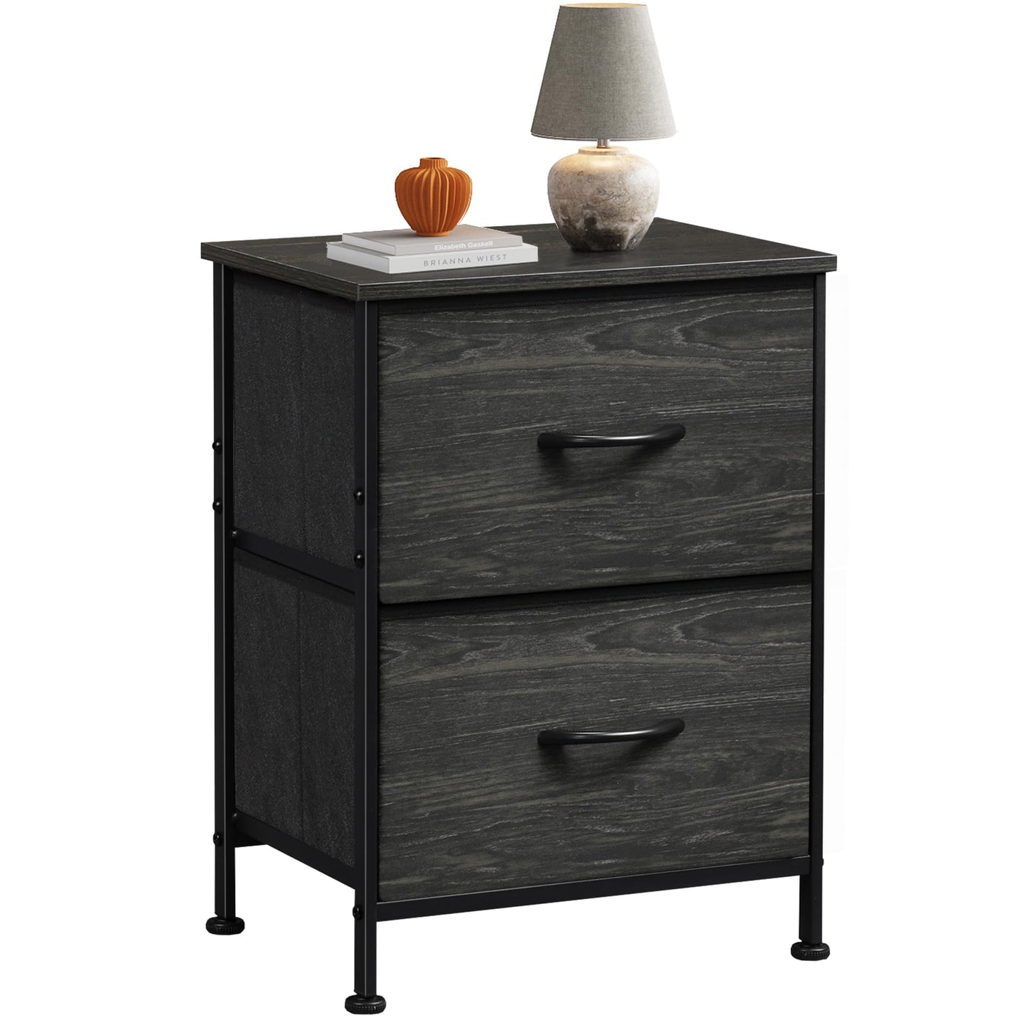 WLIVE Night Stand, Small Dresser with Drawers, Dresser for Bedroom with 2 Fabric Drawer, Black Bedside Table End Table, Dorm Nightstand, Closet Organizer, Charcoal Black Wood Grain Print