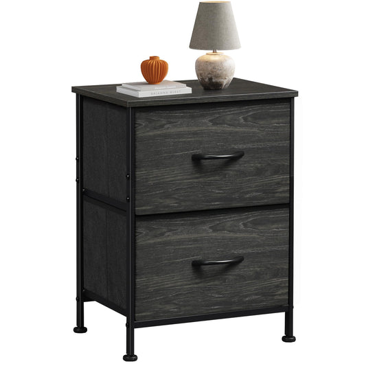 WLIVE Night Stand, Small Dresser with Drawers, Dresser for Bedroom with 2 Fabric Drawer, Black Bedside Table End Table, Dorm Nightstand, Closet Organizer, Charcoal Black Wood Grain Print