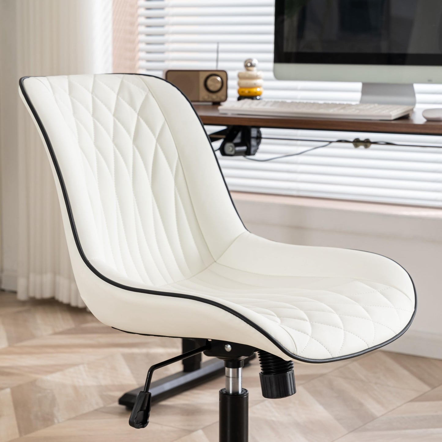 YOUNIKE White Ergonomic Home Office Desk Chair No Arms Comfy Small Criss Cross Chair with Wheels Swivel Adjustable Modern Vanity Chair with Back Armless Cute Leather Upholstered Rolling Task Chair