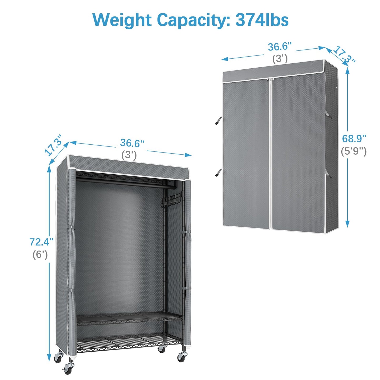 VIPEK R3C Rolling Clothes Rack with Cover Portable Closet for Hanging Clothes, Heavy Duty Garment Rack Clothing Racks with Wheels& Hanging Rod, Black Racks with Grey Upgraded Polyester Cover