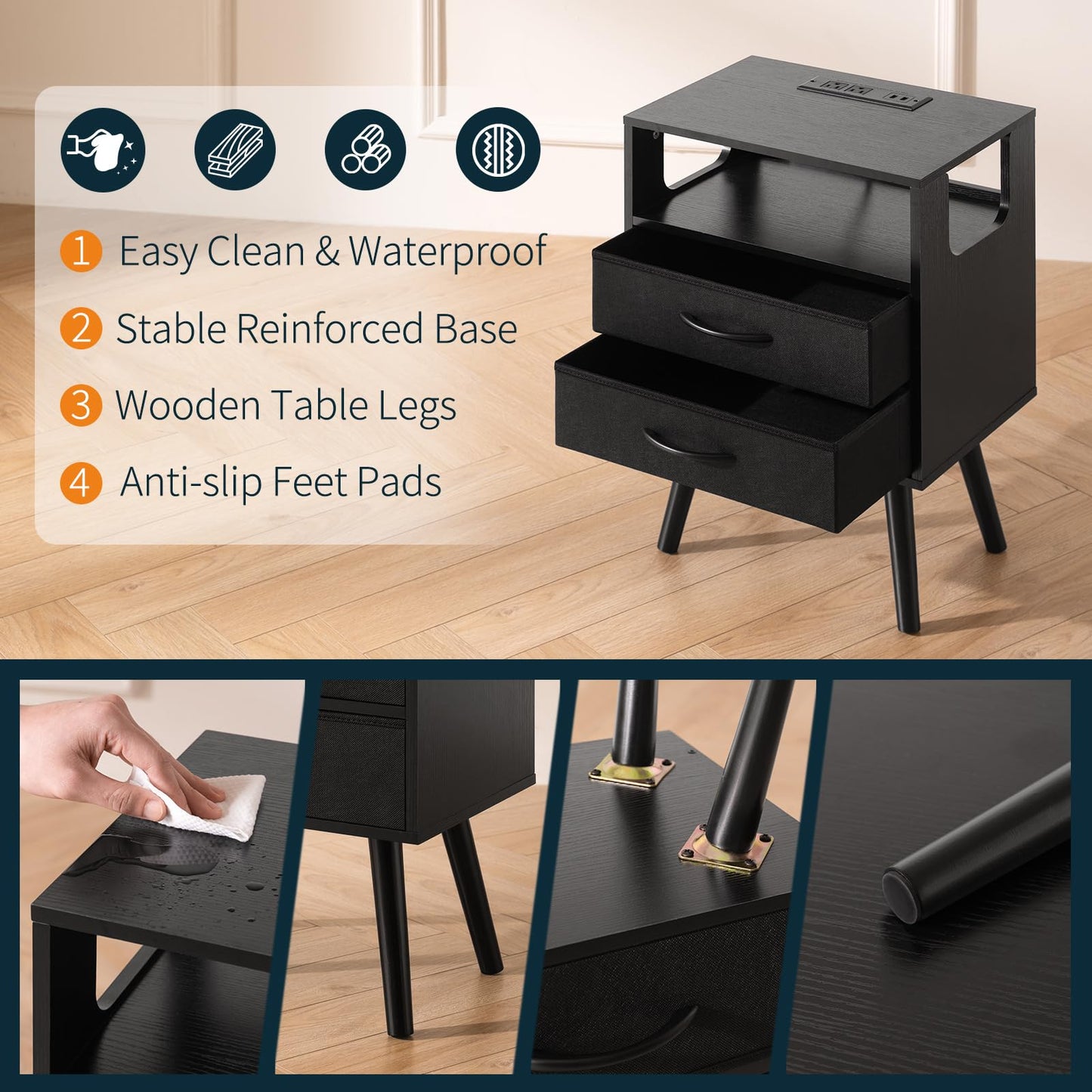 Yoobure LED Night Stand with Charger Station, Mid Century Modern Nightstand with Fabric Drawers, Bedside Table Nightstands with Storage Shelf, Bed Side Table Small Night Stands for Bedroom Living Room