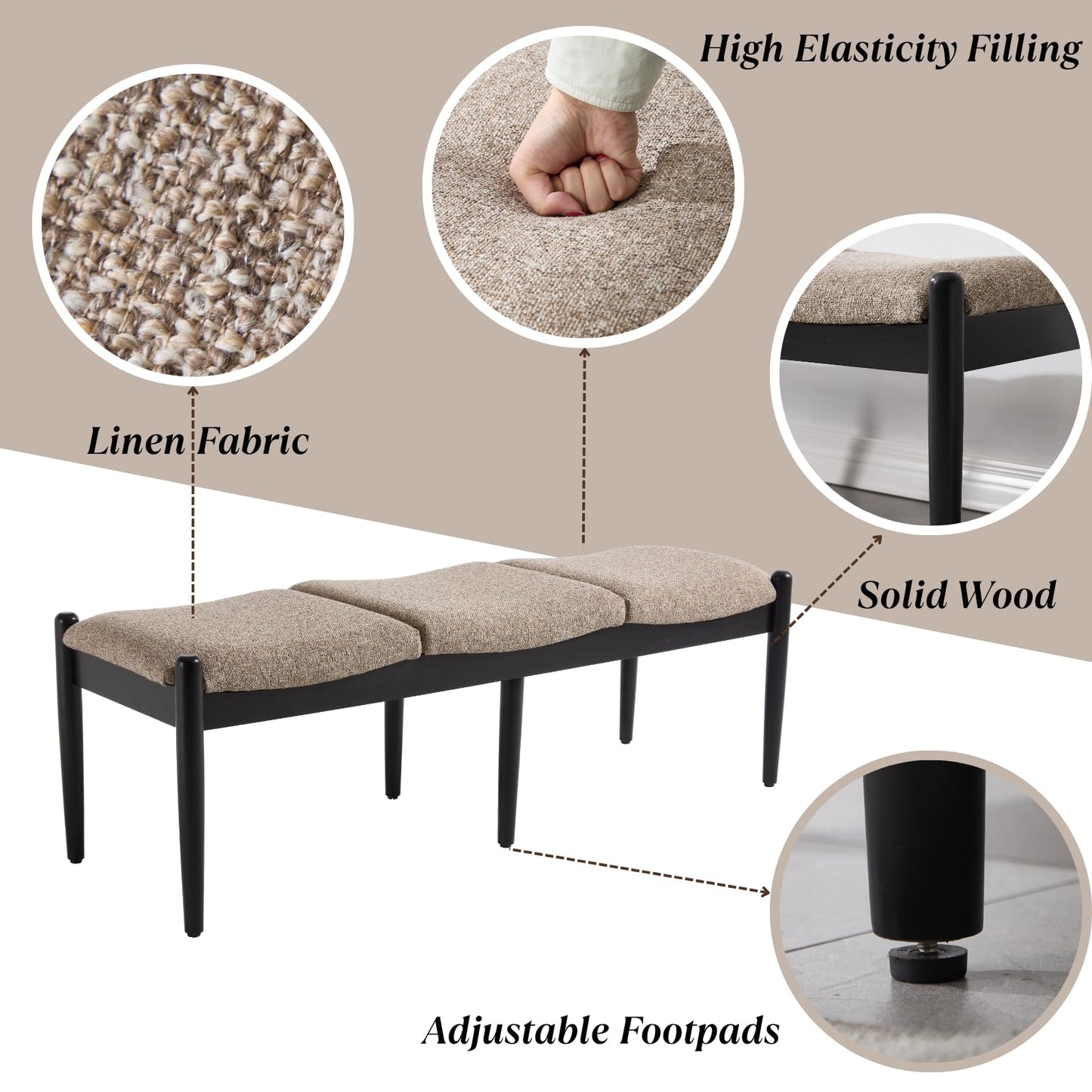 Ya-Home Modern Entryway Bench, Linen Upholstered Bedroom Bench End of Bed Bench, Window Bench with Padded Seat Black Wood Legs for Living Room/Dining Room, 54 Inches Long, Khaki