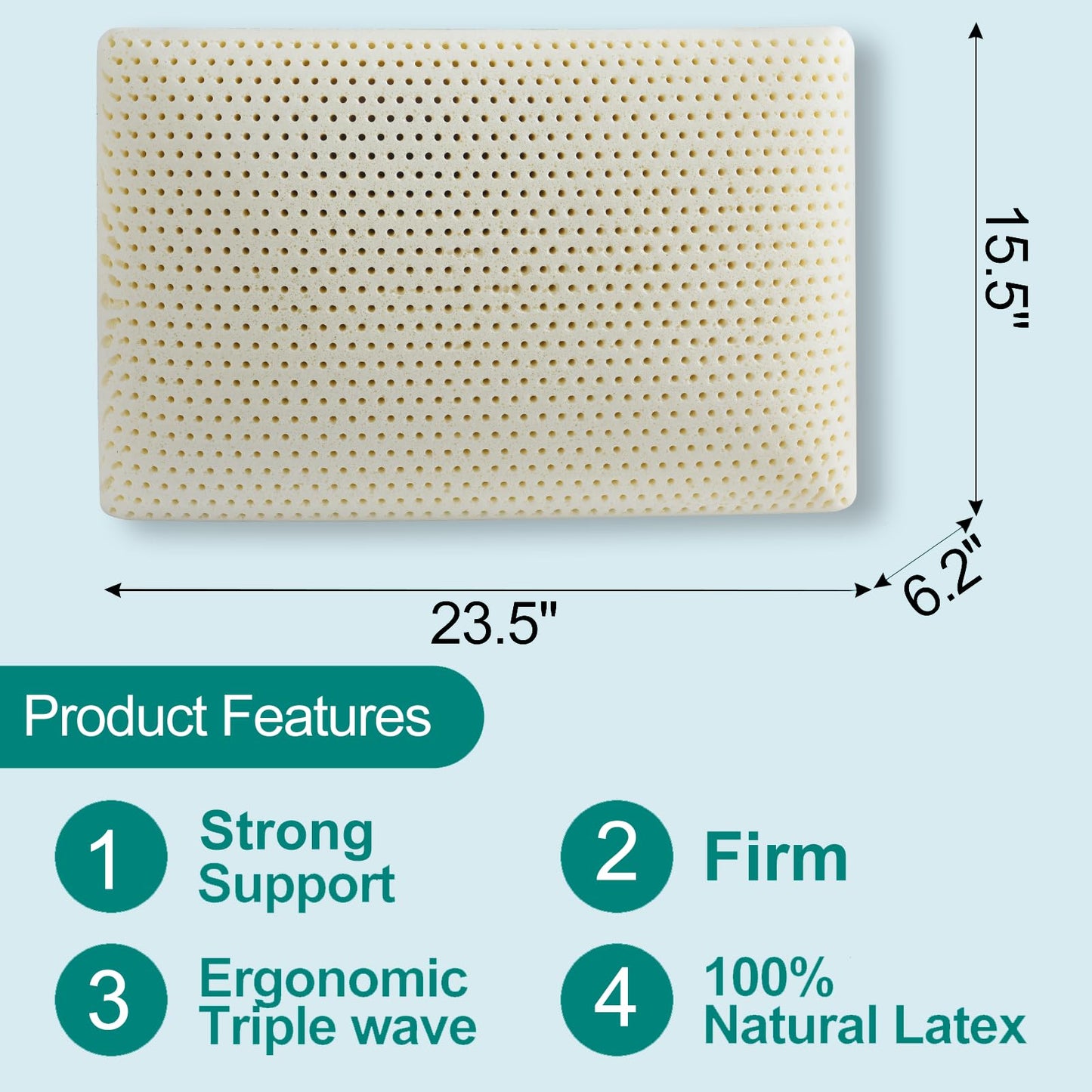 100% Natural Latex Pillow with Removable Cotton Cover (Standard, Firm), Strong Support Travel Pillow, Premium Bed Pillow for Sleeping, Neck Pain Relief Help, Head Support for Side Back Stomach Sleeper