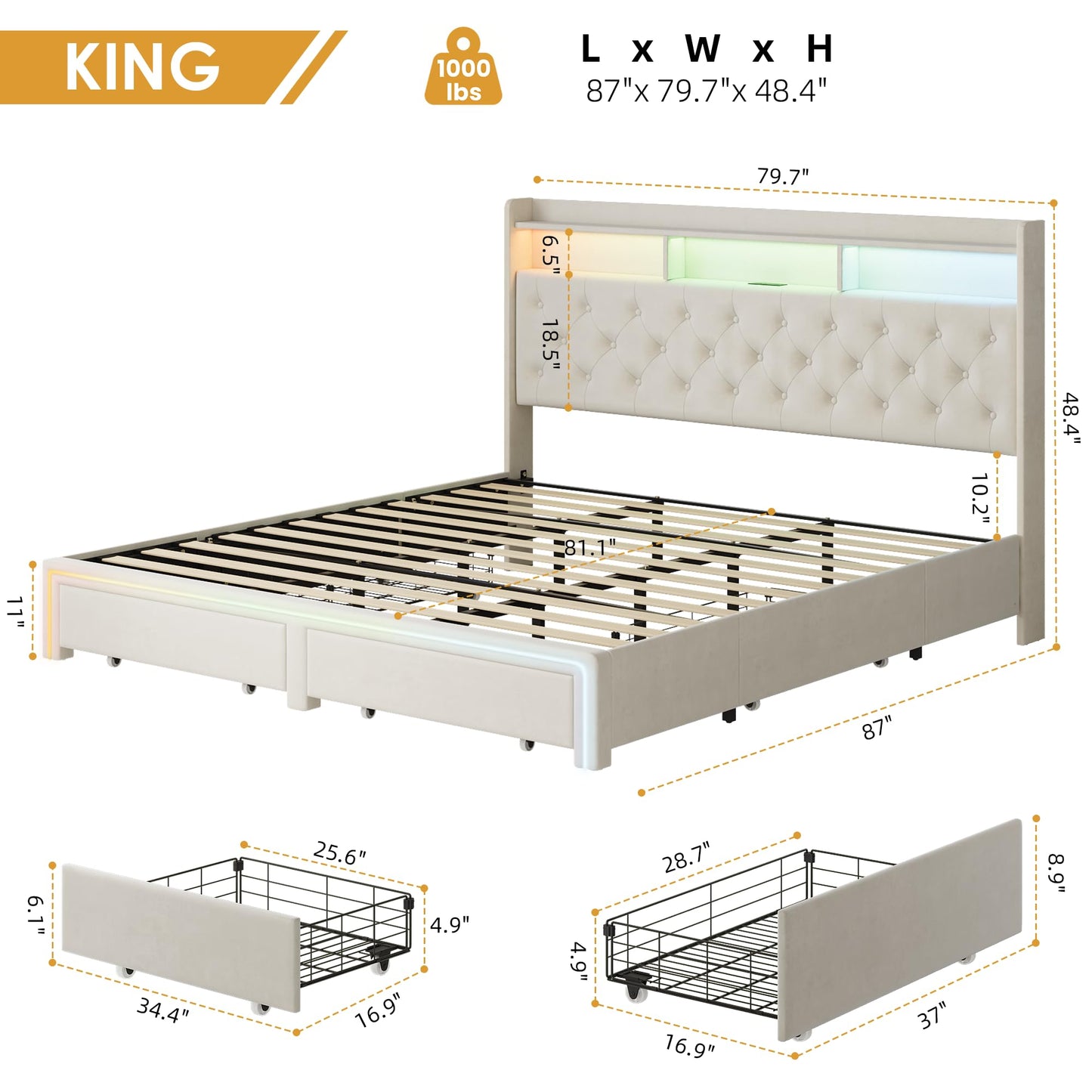 VINTLJUS King LED Bed Frame with Storage Headboard & Charging Station, Velvet Fabric Platform Bed Frames with 4 Drawers, Button Tufted Upholstered, No Box Spring Needed, Beige