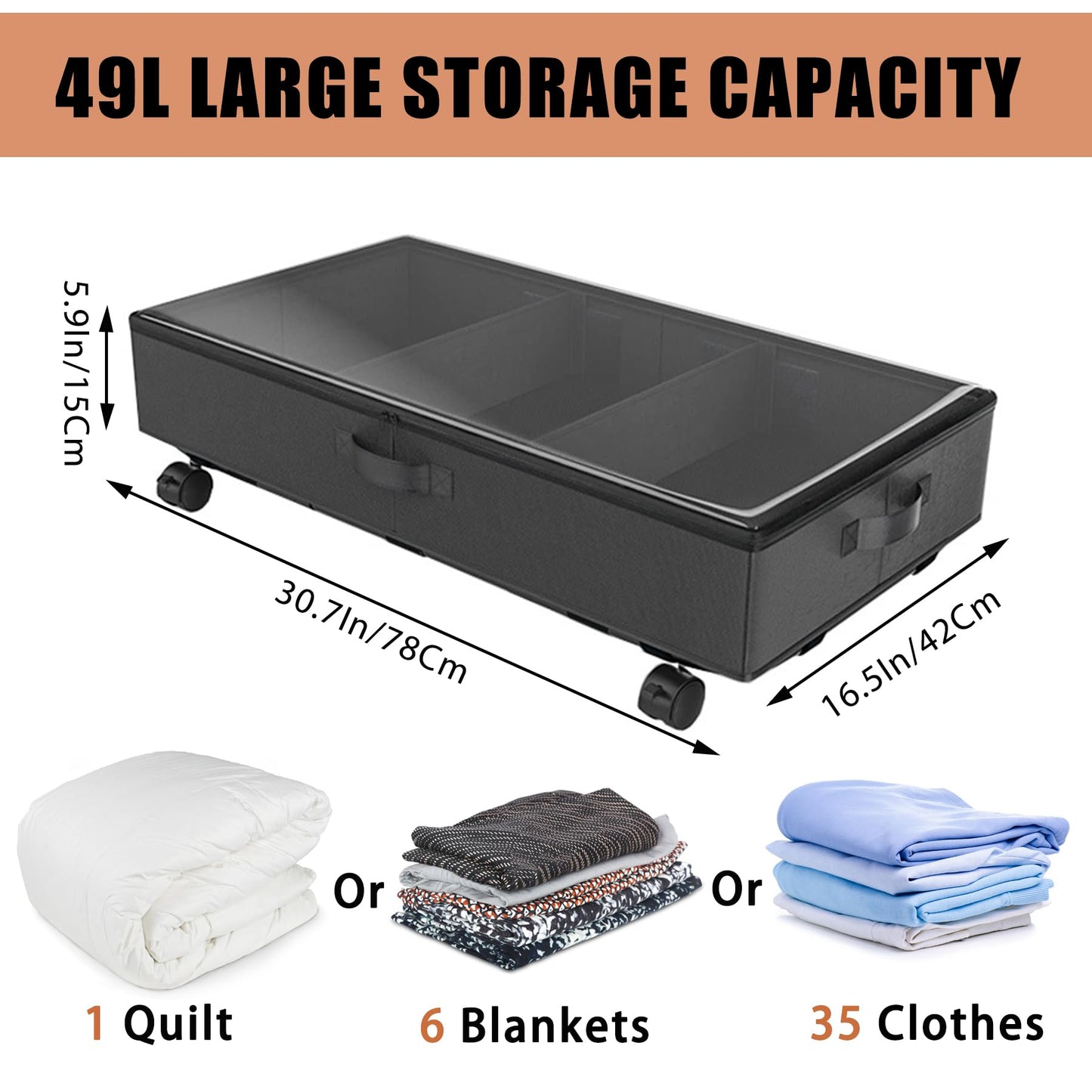 2 Pack Under Bed Storage Rolling Metal Frame Underbed Containers with Wheels Lid Visiable Window Storage Bag Box Organizer Home Closet Organization Drawer Bins for Clothes Shoes Toys Blanketss Black