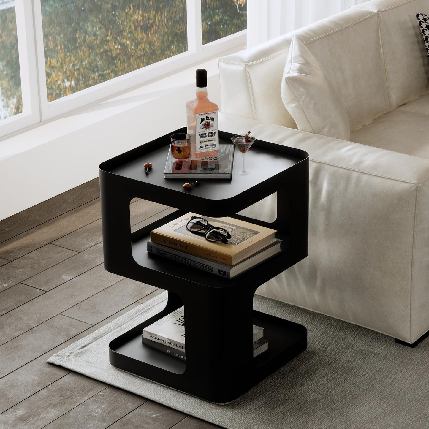 ZHBHYZ Side Table,Modern end Table,Unique nightstand,Bedside Table,Black Metal Night Stand with Storage,Accent Side Table for Couch,Bedroom,Living Room.No Assembly Required