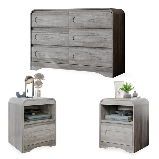3 Pcs Bedroom Set, Modern Bedroom Furniture Set, Wood 6 Drawer Dresser and 2 Drawer Nightstand Set of 2, Chest of Drawers Wide Storage Organizer Cabinet Set, Grey