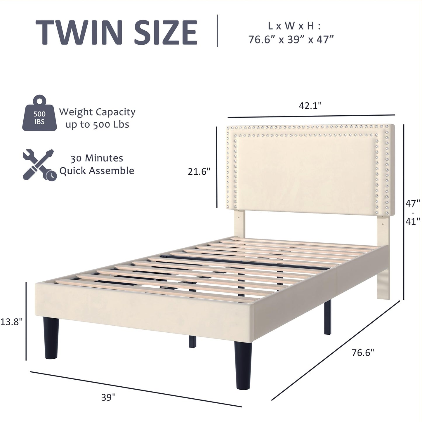 VECELO Twin Size Bed Frame with Adjustable Upholstered Headboard, Strong Wood Slats Platform Support, No Box Spring Needed, Easy Assembly