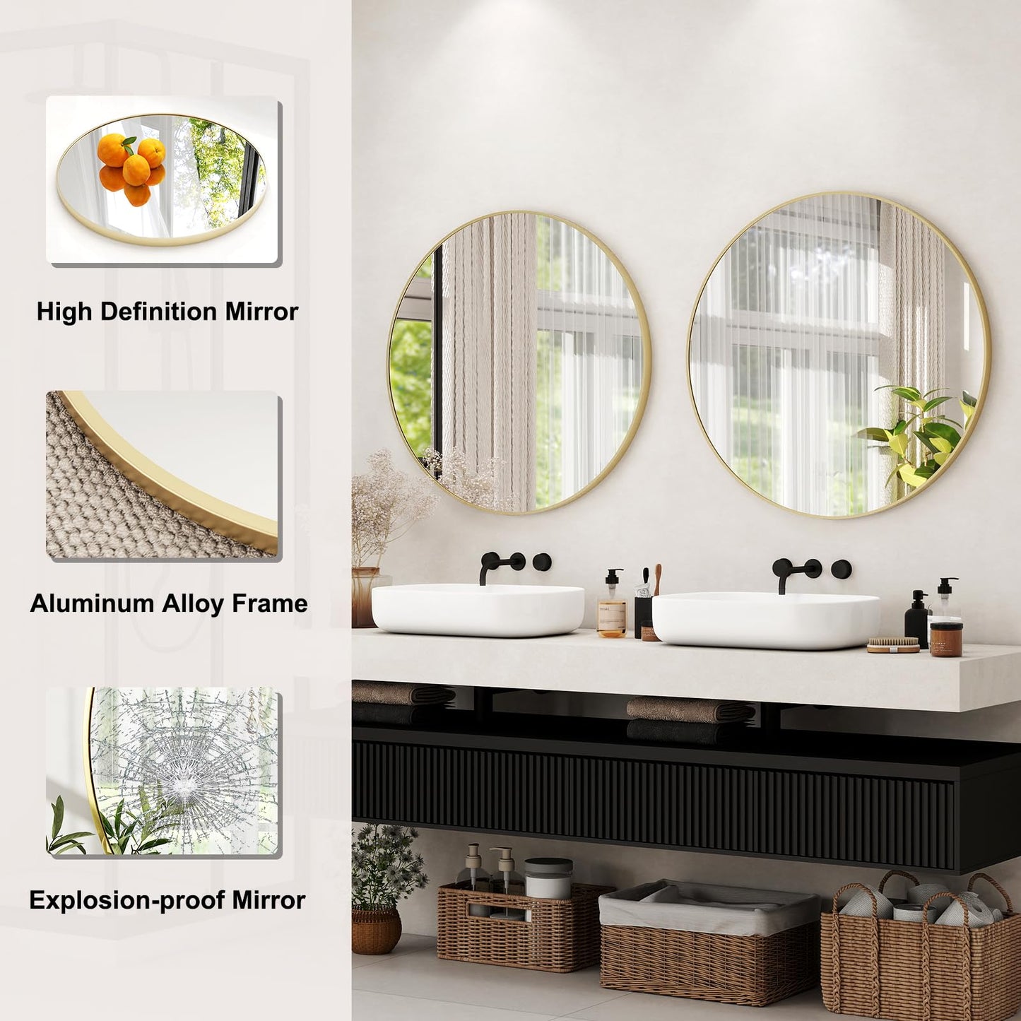 36 Inch Round Bathroom Mirror - Black Wall Mounted Circle Mirror with Metal Frame, Modern Round Hanging Mirror Suitable for Bathroom, Vanity, Entryway, Living Room
