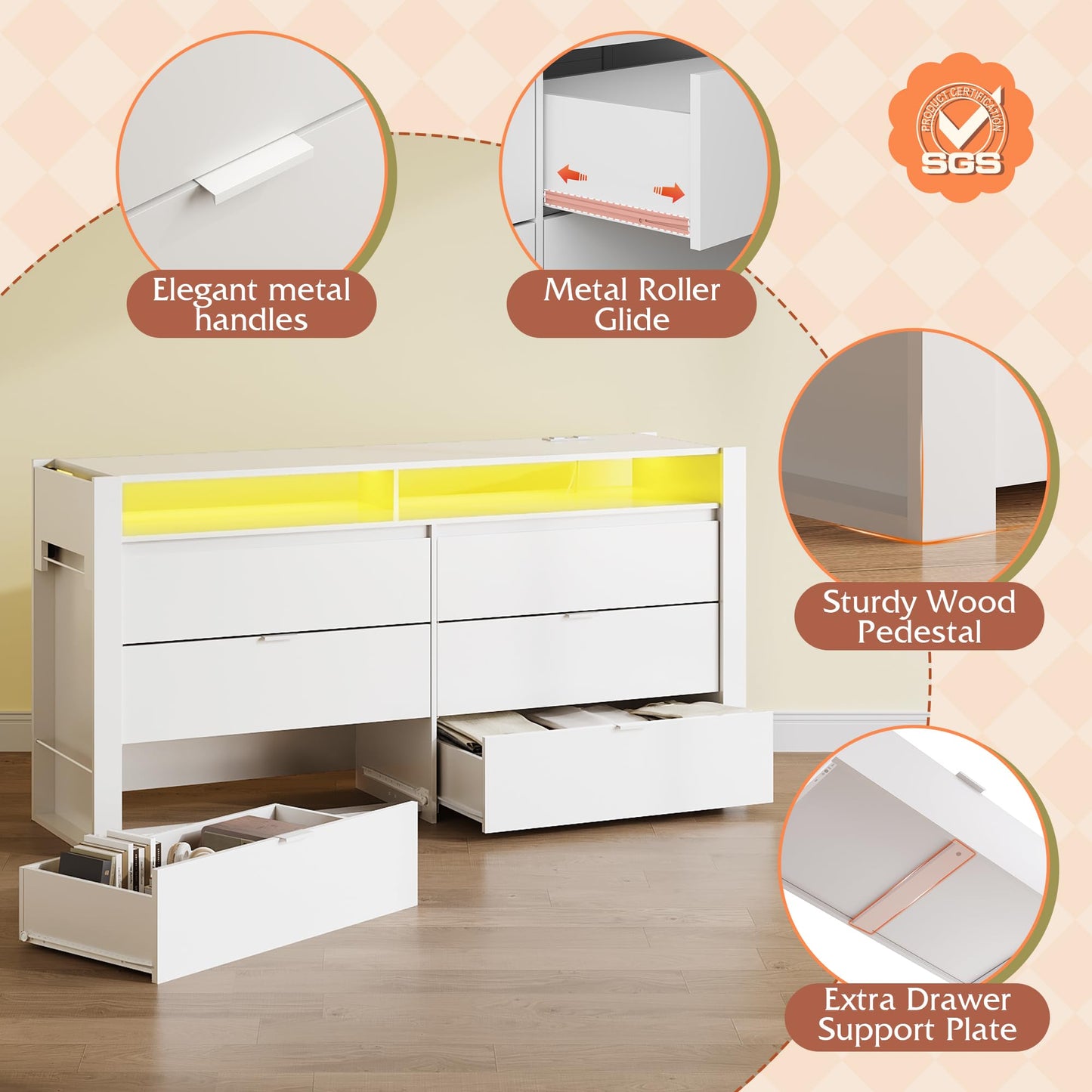 WLIVE 78 Inch Dresser for Bedroom, Large Chest of Drawers Expandable White Wood Dresser from 5'3" to 6'5'' with Flexible Shelves and Hanging Rack, Led Dressers for Living Room (85'' TV)