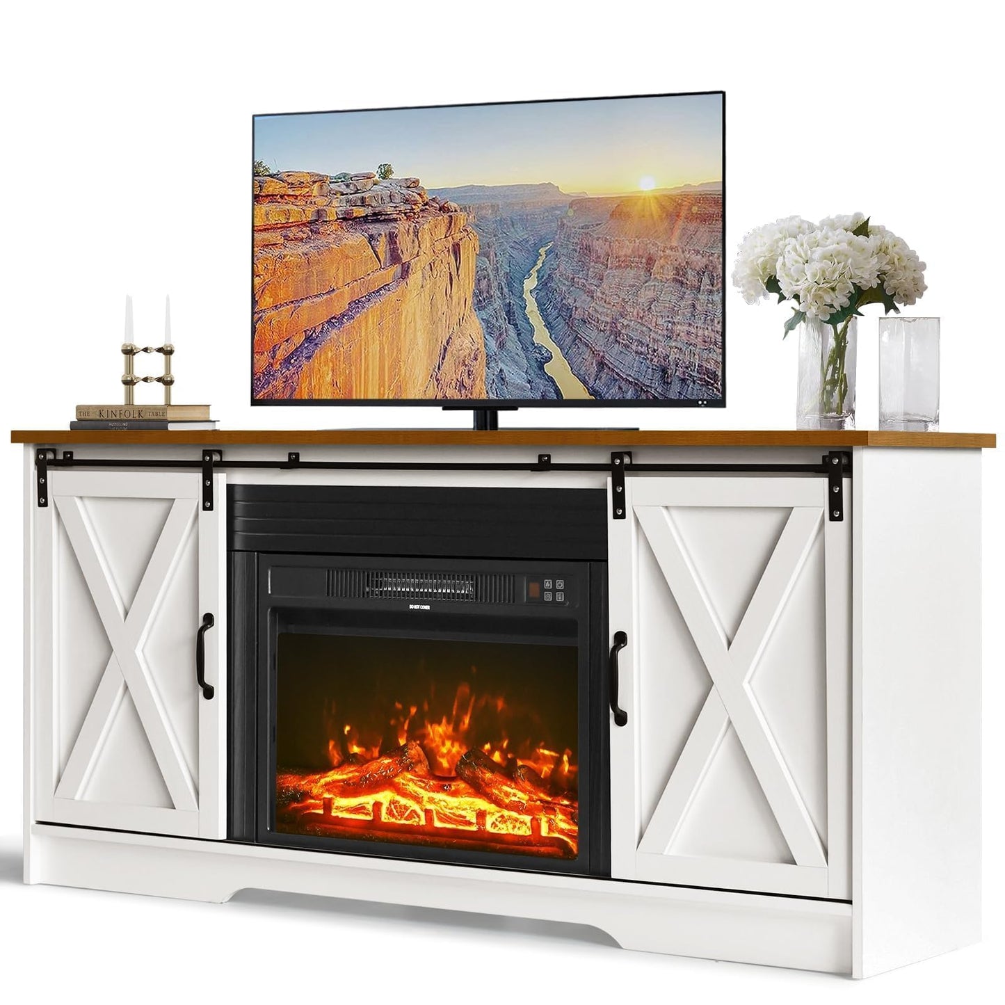 4 EVER WINNER Fireplace TV Stand with Sliding Barn Door for TVs up to 65", Farmhouse 59“ Entertainment Center with Adjustable Storage Cabinets, TV Console Table for Living Room, White