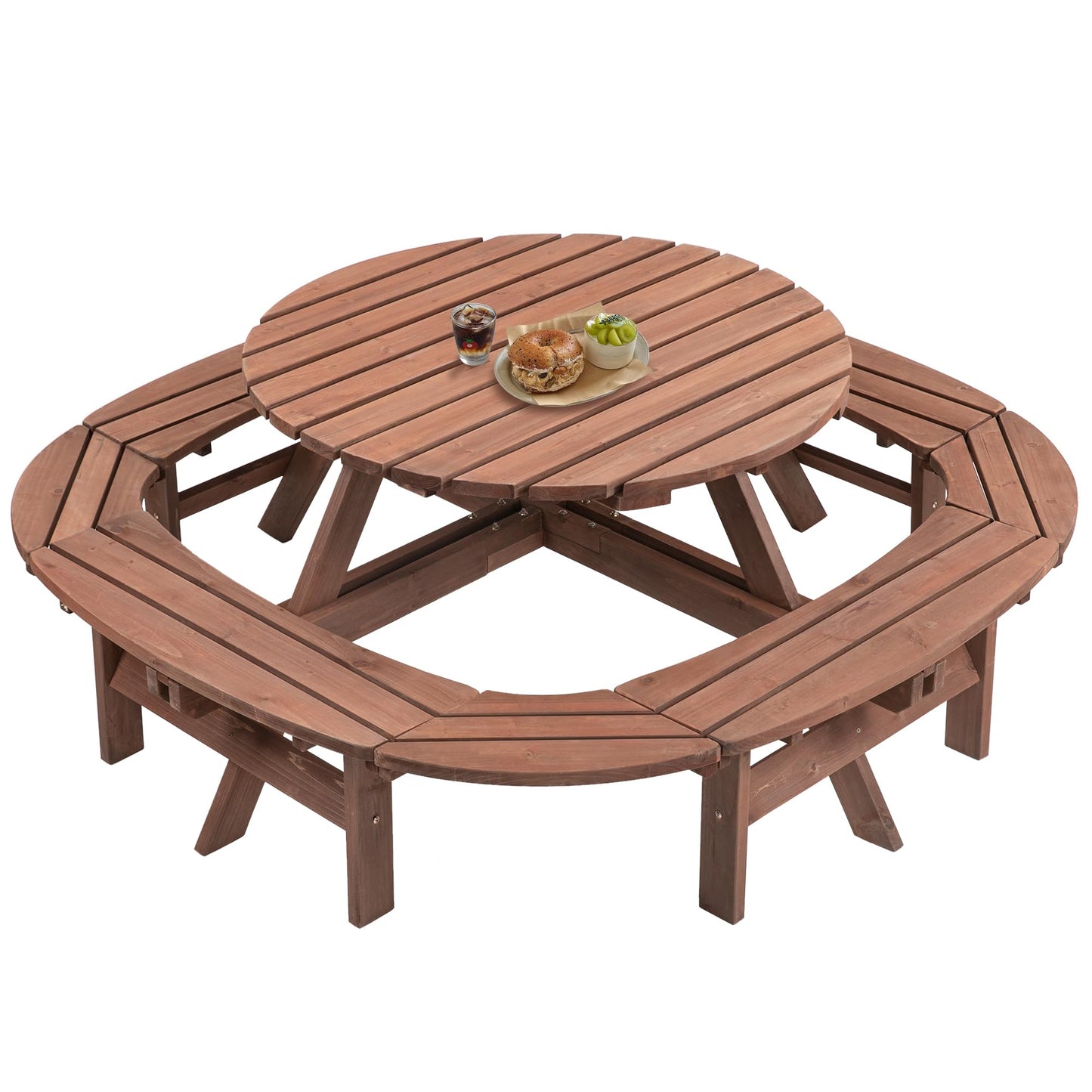 RocVanc 8-12 Person Outdoor Round Wooden Picnic Table with 8 Built-in Benches, Umbrella Hole, Lifetime Outside Table and Bench Set for Garden, Backyard, Porch, Patio and Deck
