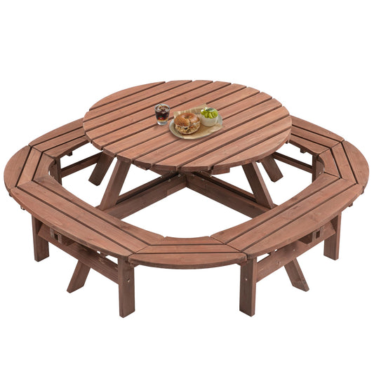 RocVanc 8-12 Person Outdoor Round Wooden Picnic Table with 8 Built-in Benches, Umbrella Hole, Lifetime Outside Table and Bench Set for Garden, Backyard, Porch, Patio and Deck