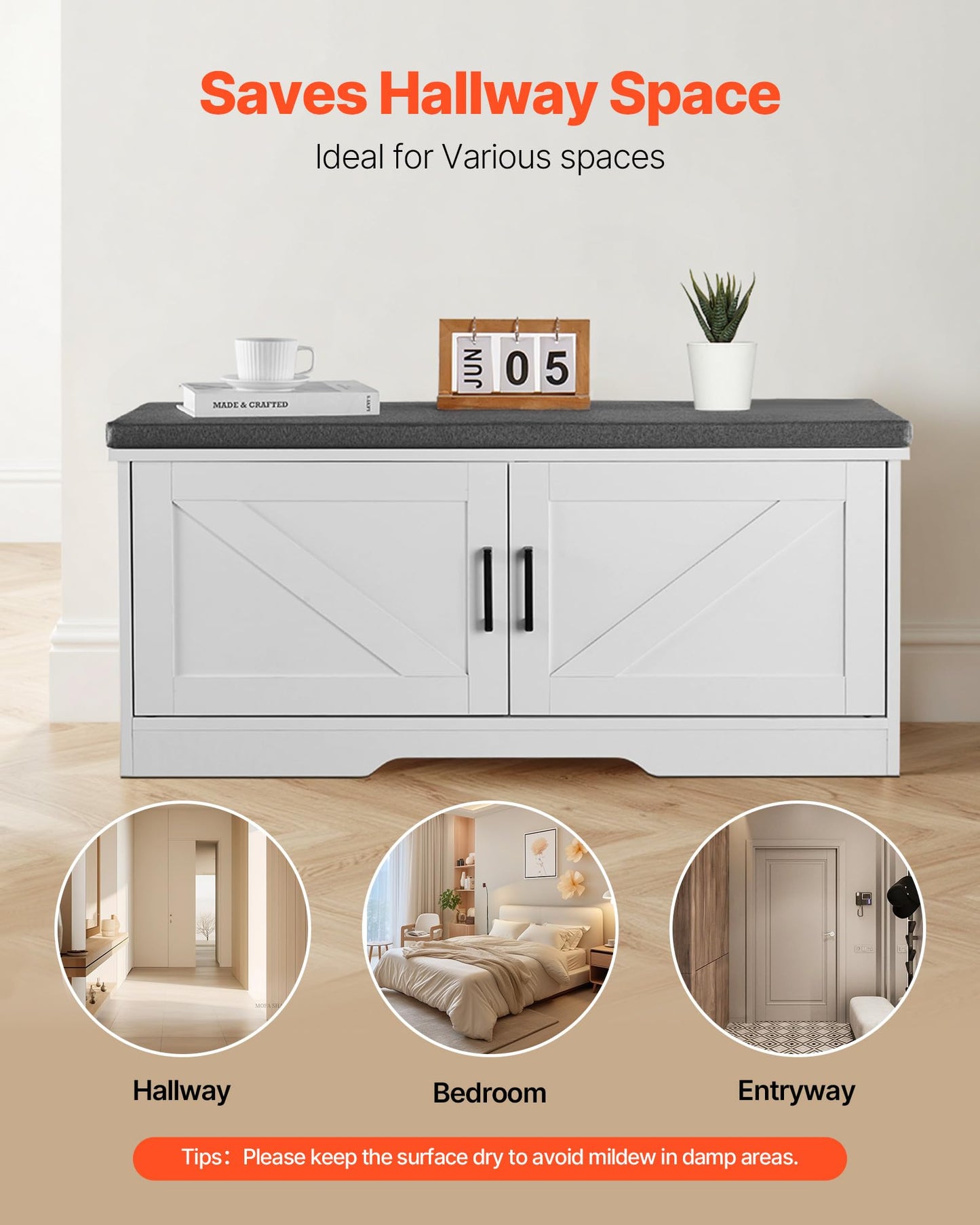 VEVOR Shoe Storage Bench with Padded Cushion & 2 Barn Doors, Entryway Bench 39.4 x 14.0 x 18.1 Inches, for Entryway, Hallway, Living Room, Bedroom