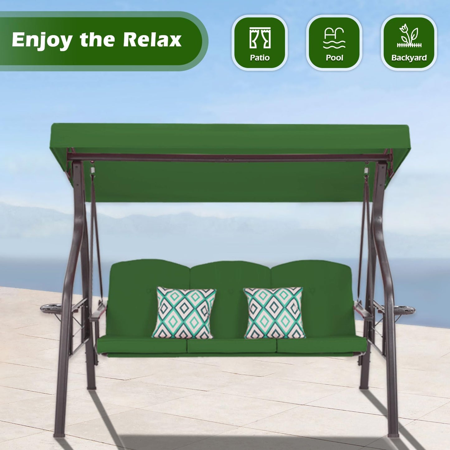 ZZW 3-Seat Outdoor Porch Swing with Stand Patio Swing with Canopy 2 in 1 Porch Swing Bed & Patio Swing Chair for Adult w/Extra Pillows and Cup Holder for Yard(Green)