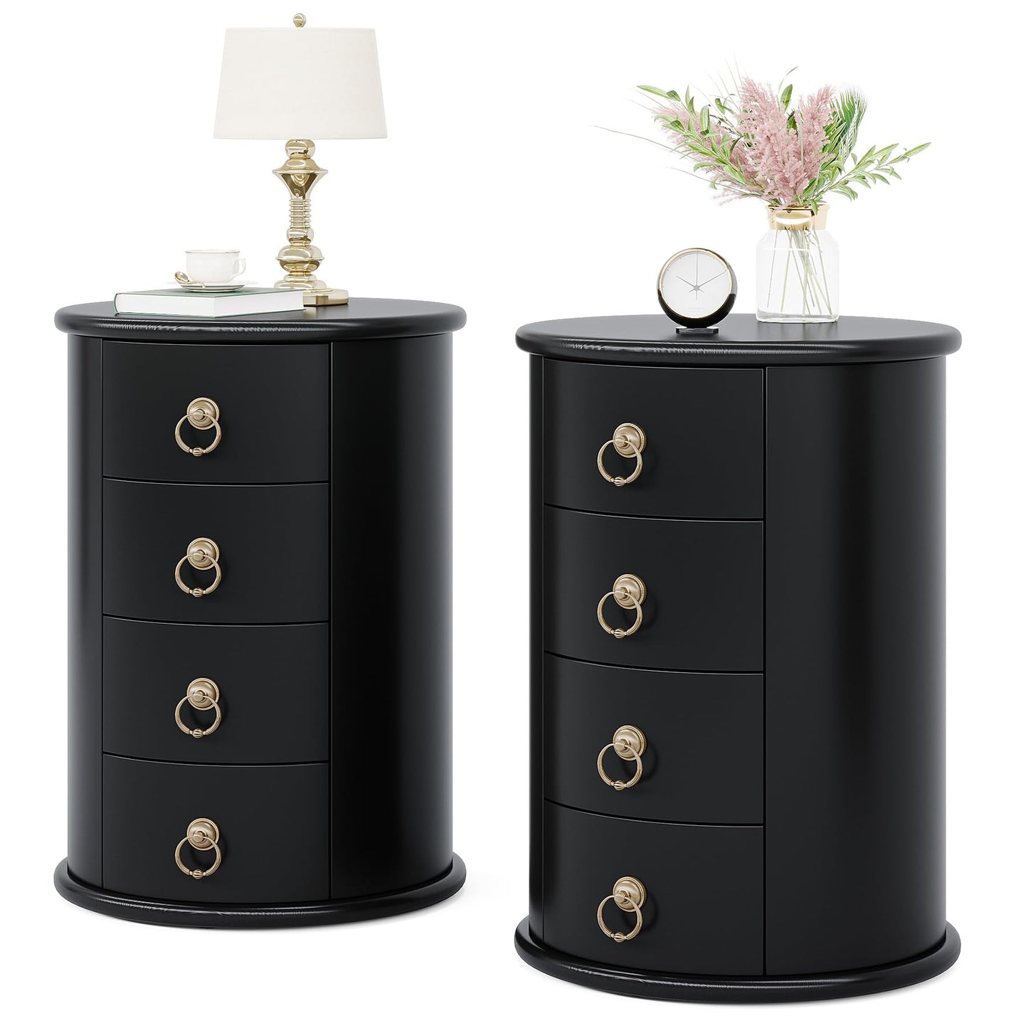 Tribesigns Solid Wood Nightstand, Round Night Stand with 4 Drawers, Rustic Bedside Table Tall Nightstand for Bedroom, Living Room, No Assembly Required (2, Black)