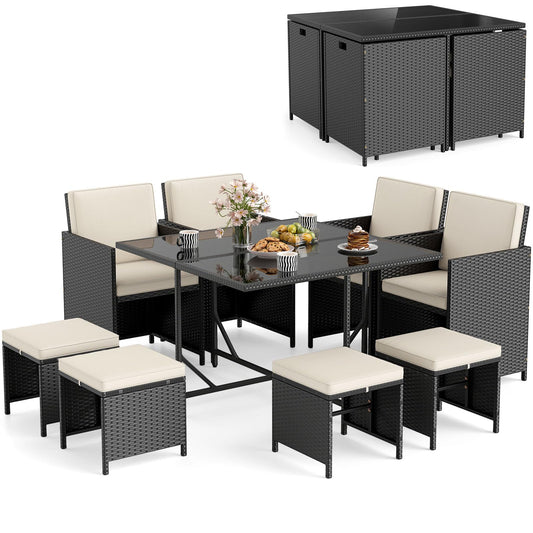 Tangkula 9 Piece Patio Dining Set, Rattan Chairs with Tempered Glass Table & Ottoman, Space Saving Wicker Sectional Conversation Set with Removable Cushions, Outdoor Furniture for Backyard Garden Deck