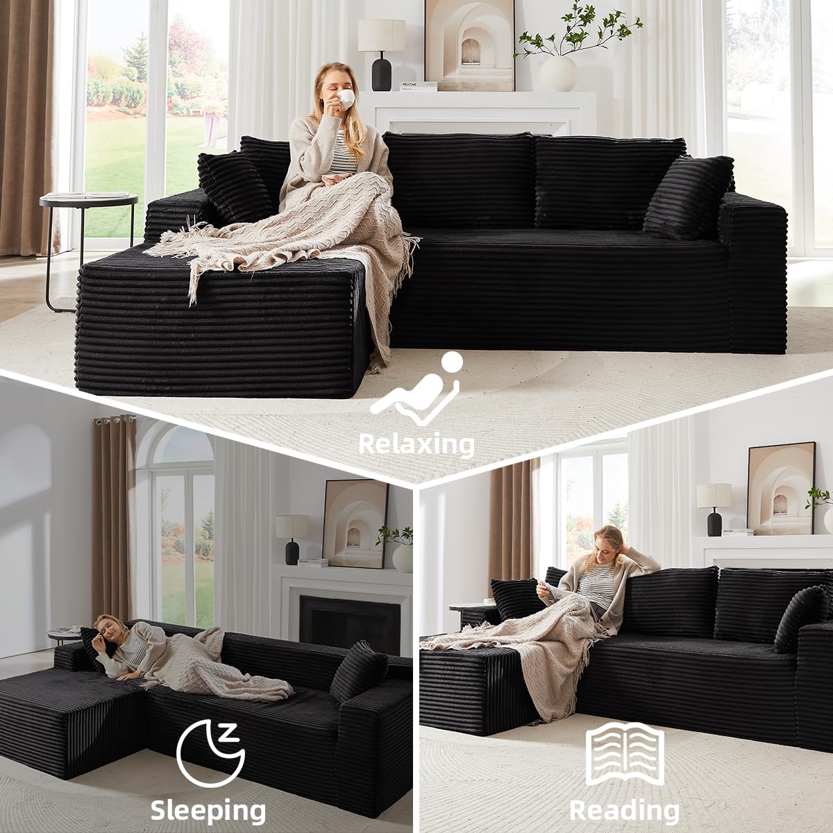 104 Inch Cloud Sectional Couch with L-Shape Chaise,Modern Upholstered Couches with Deep Seat,Corduroy Sponge Compressed Sofa for Living Room,No Assembly Required (Black)