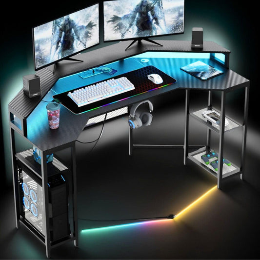 Gyfimoie Gaming Desk with Power Outlets & LED Lights, 63" Wing-Shaped Computer Desk with Full Monitor Stand,Wireless Charging,Shelves,RGB Mouse Pad, Studio Desk Corner Desk with Headphone Hook (Black)