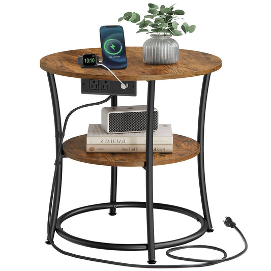 VASAGLE Side Table, 2-Tier Round End Table with Power Outlets, Nightstand with Steel Frame for Small Spaces, Living Room, Bedroom, Rustic Brown and Ink Black ULET077K01